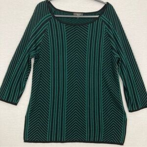 Spense Black Green Knit Stripe Chevron Crew Neck Stretch Pullover Sweater XL